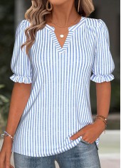 Striped Split Blue Short Sleeve Blouse
