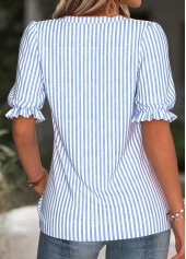 Striped Split Blue Short Sleeve Blouse
