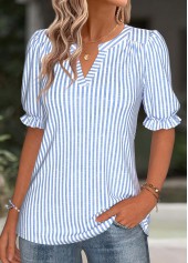 Striped Split Blue Short Sleeve Blouse