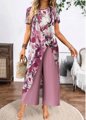 Floral Print Two Piece Dusty Purple Round Neck Top