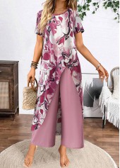 Floral Print Two Piece Dusty Purple Round Neck Top