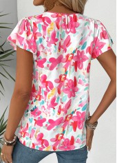 Floral Print Hot Pink Short Sleeve Round Neck Blouse