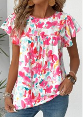 Floral Print Hot Pink Short Sleeve Round Neck Blouse