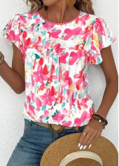 Floral Print Hot Pink Short Sleeve Round Neck Blouse