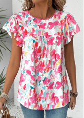 Floral Print Hot Pink Short Sleeve Round Neck Blouse
