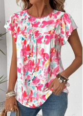 Floral Print Hot Pink Short Sleeve Round Neck Blouse