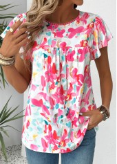 Floral Print Hot Pink Short Sleeve Round Neck Blouse