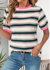 Multi Stripe Print Short Sleeve Round Neck T Shirt