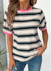Multi Stripe Print Short Sleeve Round Neck T Shirt