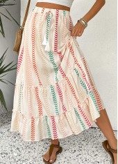 Geometric Print Beige A Line Elastic Waist Maxi Skirt