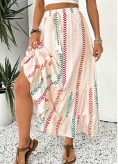 Geometric Print Beige A Line Elastic Waist Maxi Skirt
