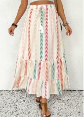 Geometric Print Beige A Line Elastic Waist Maxi Skirt