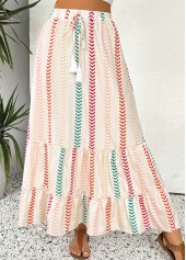 Geometric Print Beige A Line Elastic Waist Maxi Skirt