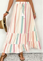 Geometric Print Beige A Line Elastic Waist Maxi Skirt