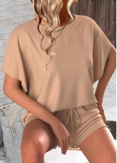 Round Neck Light Coffee Short Sleeve Top and Shorts