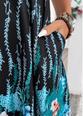 Floral Print Blue A Line Sleeveless Round Neck Dress