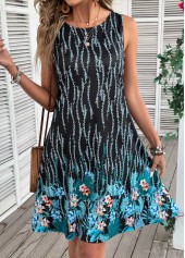 Floral Print Blue A Line Sleeveless Round Neck Dress
