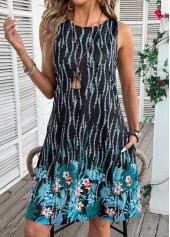 Floral Print Blue A Line Sleeveless Round Neck Dress