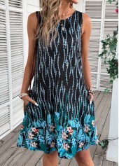 Floral Print Blue A Line Sleeveless Round Neck Dress