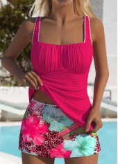 Mid Waisted Floral Print Contrast Binding Tankini Set