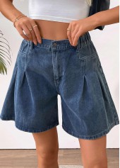 Denim Blue Wide Leg Button Fly High Waisted Shorts