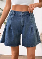 Denim Blue Wide Leg Button Fly High Waisted Shorts
