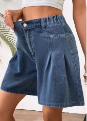 Denim Blue Wide Leg Button Fly High Waisted Shorts