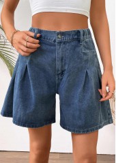 Denim Blue Wide Leg Button Fly High Waisted Shorts
