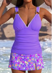 High Waisted Floral Print Light Purple Tankini Set