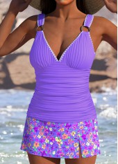High Waisted Floral Print Light Purple Tankini Set