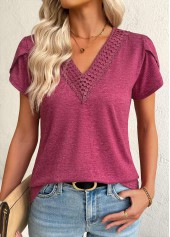 Dark Reddish Purple Short Sleeve V Neck T Shirt