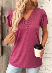 Dark Reddish Purple Short Sleeve V Neck T Shirt