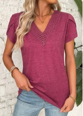 Dark Reddish Purple Short Sleeve V Neck T Shirt