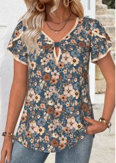 Floral Print Multi Color Short Sleeve V Neck Blouse