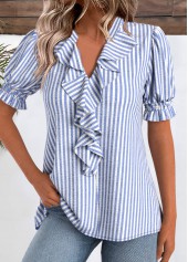 Striped Blue Short Sleeve V Neck Blouse