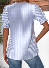 Striped Blue Short Sleeve V Neck Blouse