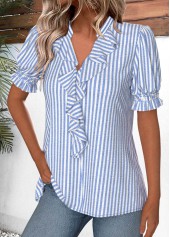 Striped Blue Short Sleeve V Neck Blouse