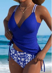 Mid Waisted Tropical Plants Print Royal Blue Tankini Set