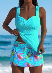 Mid Waisted Cyan Leaf Print Tankini Set