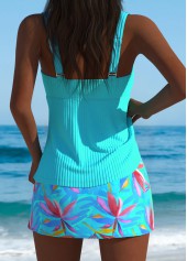 Mid Waisted Cyan Leaf Print Tankini Set