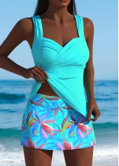 Mid Waisted Cyan Leaf Print Tankini Set