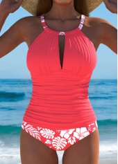 Mid Waisted Floral Print Criss Cross Tankini Set