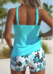 Mid Waisted Floral Print Cyan Tankini Set