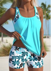 Mid Waisted Floral Print Cyan Tankini Set