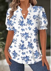 Floral Print White Short Sleeve Split Neck Blouse
