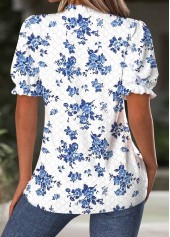 Floral Print White Short Sleeve Split Neck Blouse