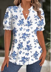 Floral Print White Short Sleeve Split Neck Blouse