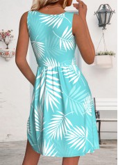 Leaf Print Mint Green Short Sleeveless Round Neck Dress