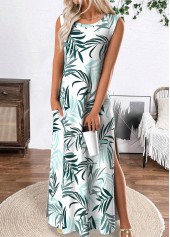 Tropical Plants Print White Maxi A Line Dress