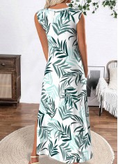 Tropical Plants Print White Maxi A Line Dress
